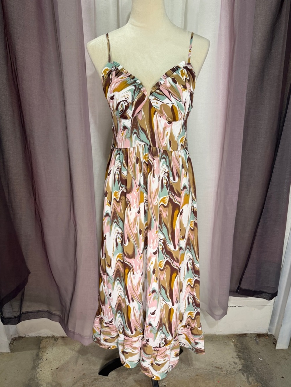 Commense Sleeveless Multicolor Swirl Midi Dress - Pink & Brown